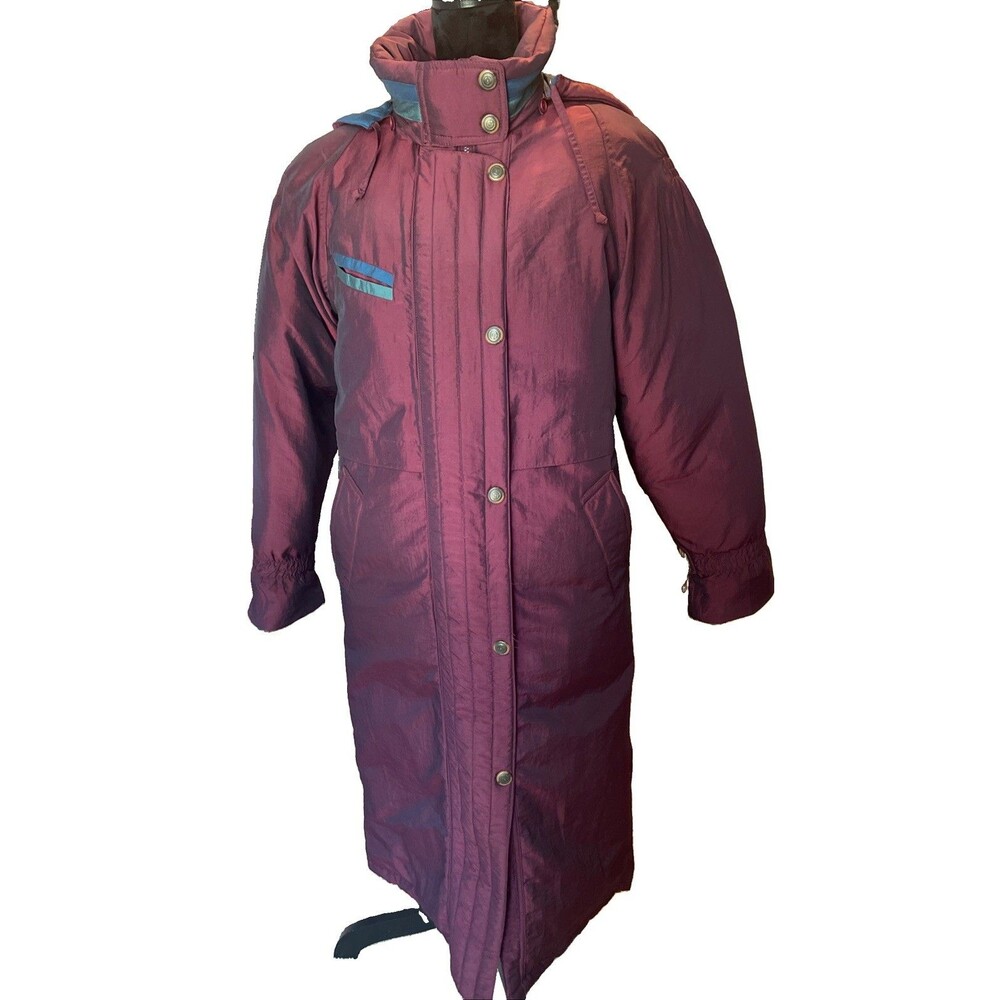 Down Puffer Jacket Winter Snow Coat Metallic MaroonLong Women Small VTG 1980’s